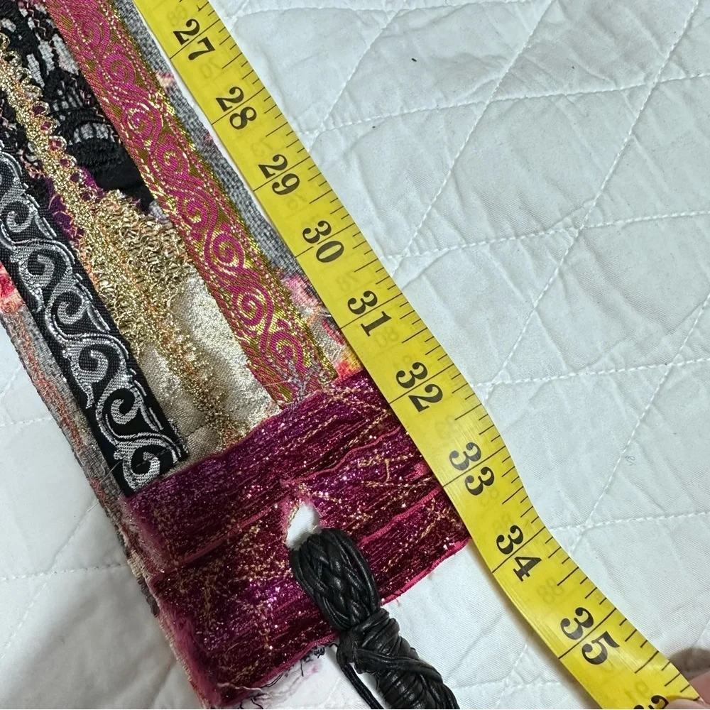 Artisan Floral Tapestry Tie Belt Pink and Black & Gold Accents Handmade Signed